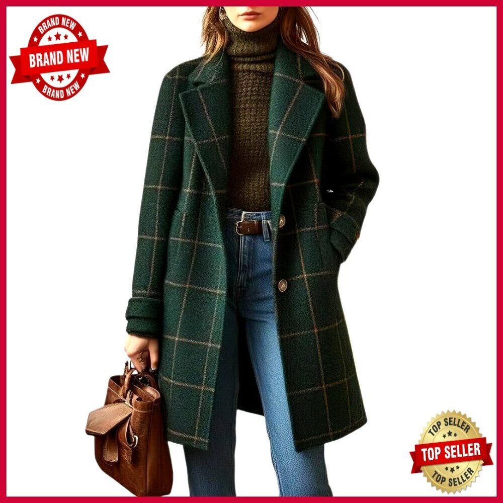 Women's Wool Trench Coat Notched Collar Plaid Button Down Mid Long Overcoat